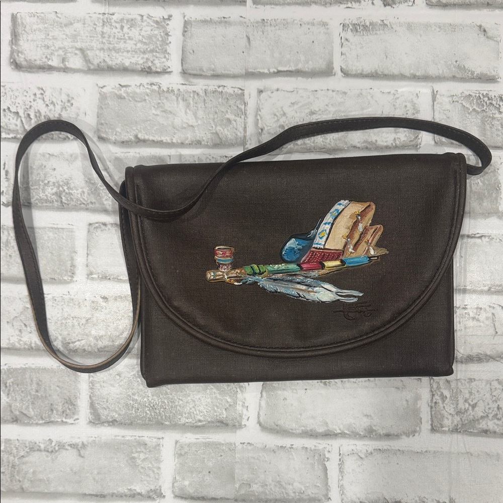 Brown Crossbody Bag with Feather and Bead Design